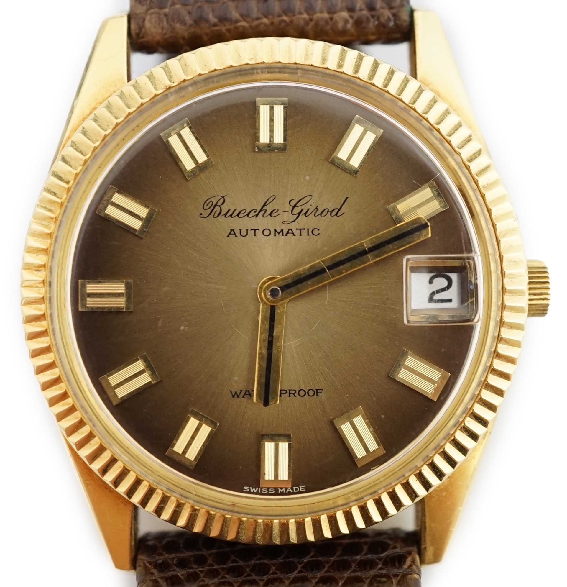 A gentleman's 18ct gold Bueche Girod automatic wrist watch